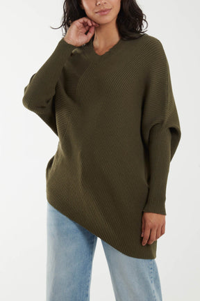 Ribbed V-Neck Batwing Sleeve Jumper