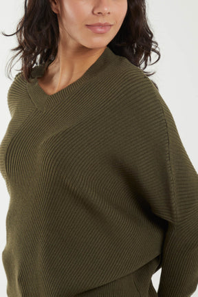 Ribbed V-Neck Batwing Sleeve Jumper