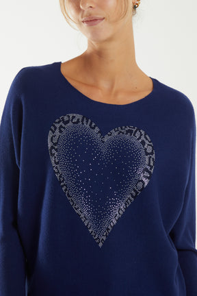 Animal Diamante Heart Batwing Jumper