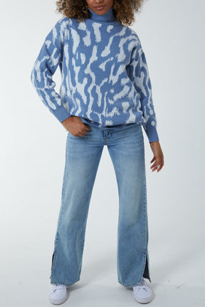Abstract Animal Print Roll Neck Jumper