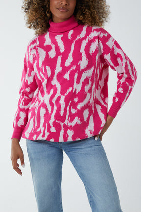 Abstract Animal Print Roll Neck Jumper