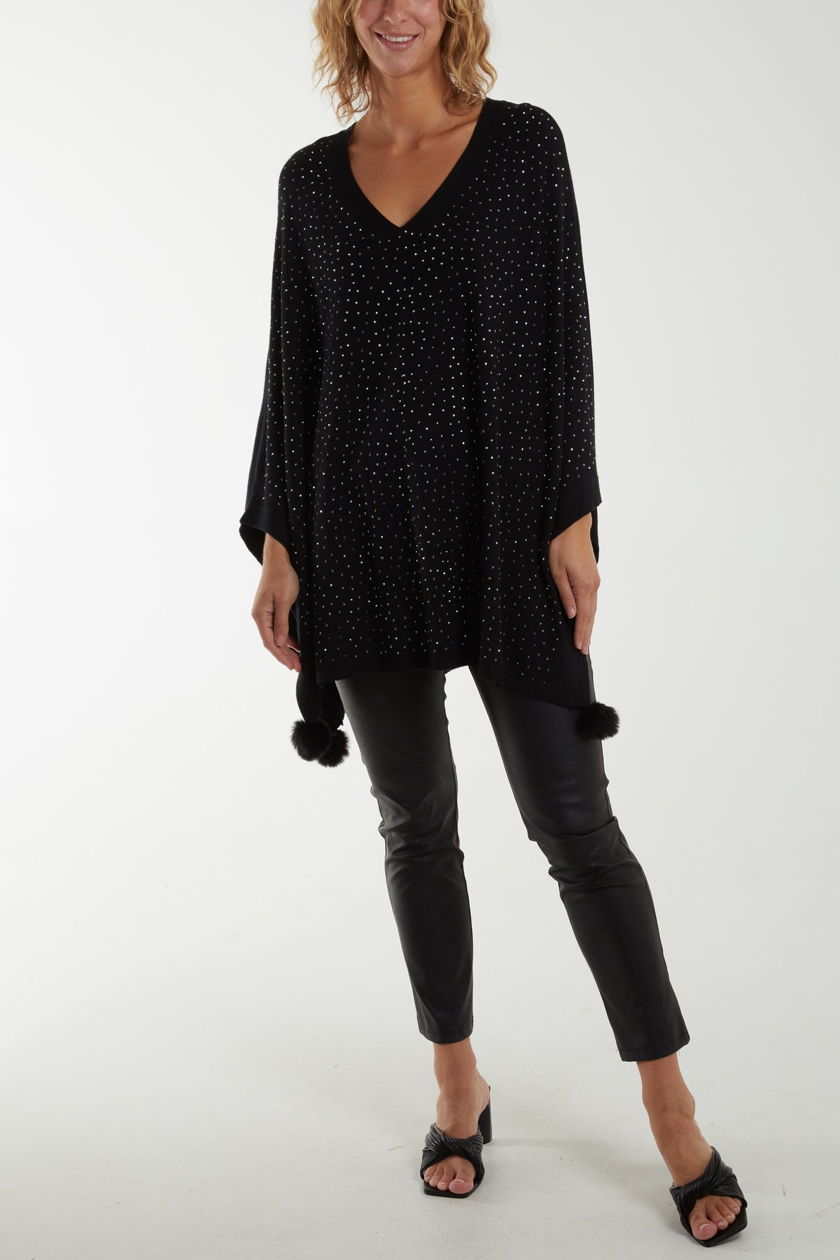 Faux Fur Pom Pom Detail Diamante Poncho