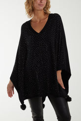 Faux Fur Pom Pom Detail Diamante Poncho