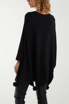 Faux Fur Pom Pom Detail Diamante Poncho