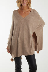 Faux Fur Pom Pom Detail Diamante Poncho