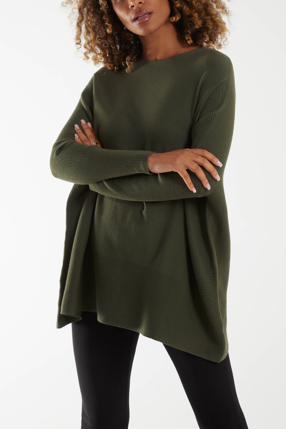 Straight Neck Ribbed Sleeve Detail Jumper