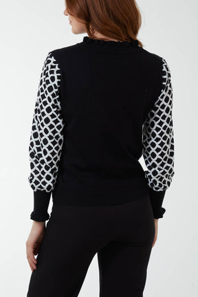 Geometric Sleeve Frill Neck Top