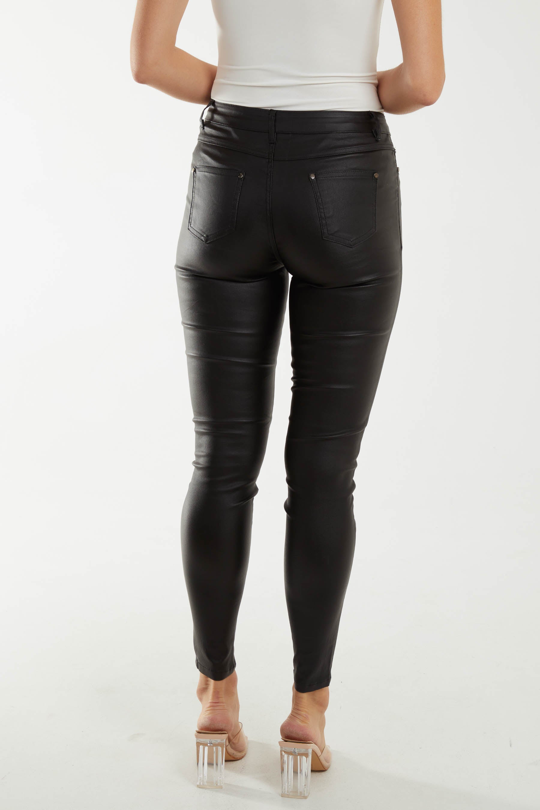 Mid Rise Faux Leather Skinny Jeans