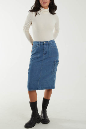 Pocket Denim Midi Skirt