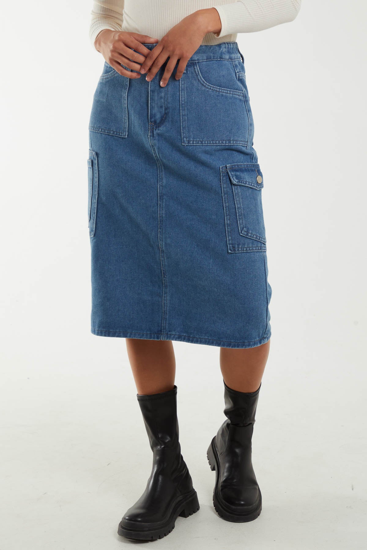 Cargo Pocket Denim Midi Skirt