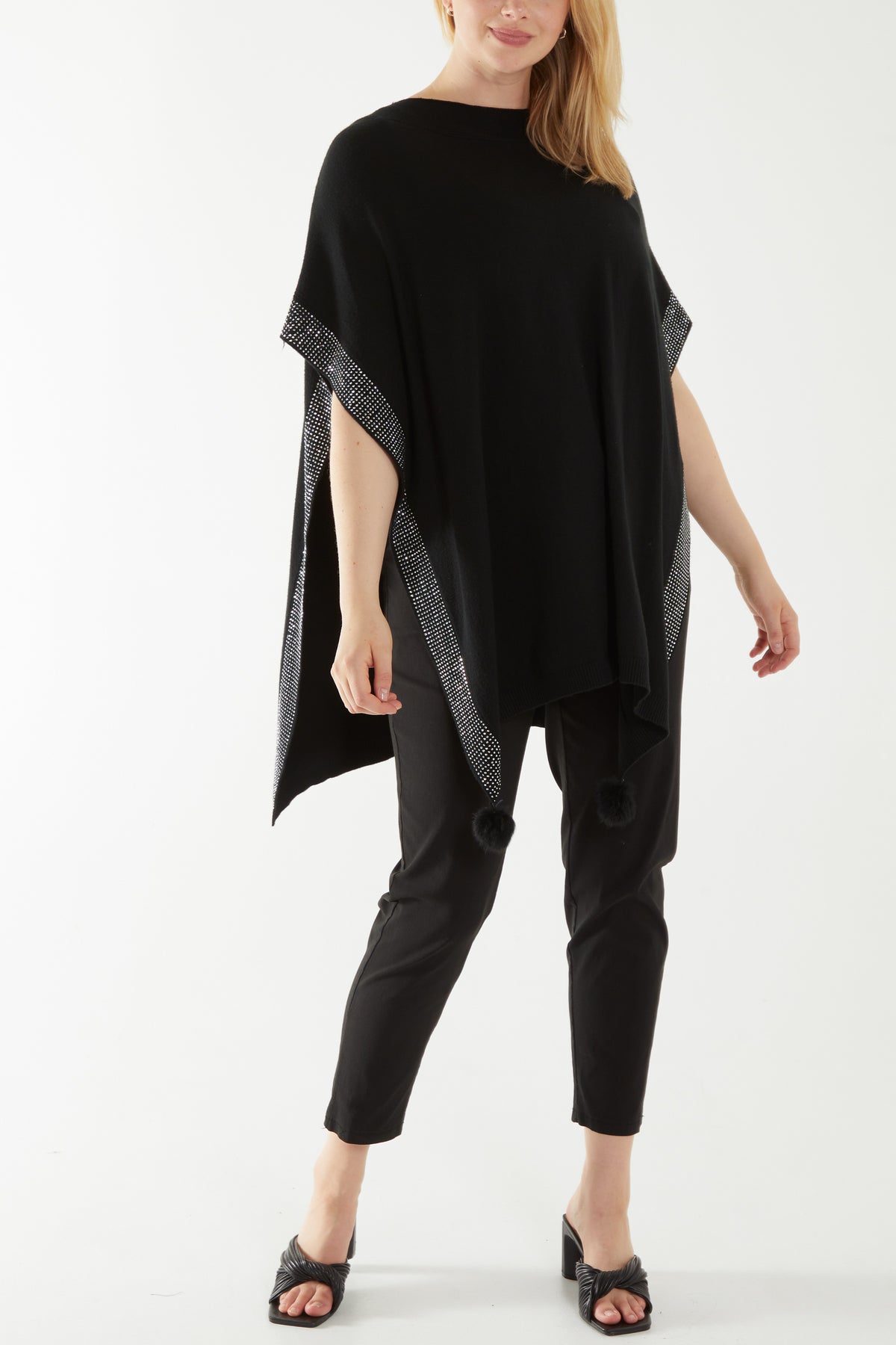 Diamante Detail Pom Pom Tassel Poncho