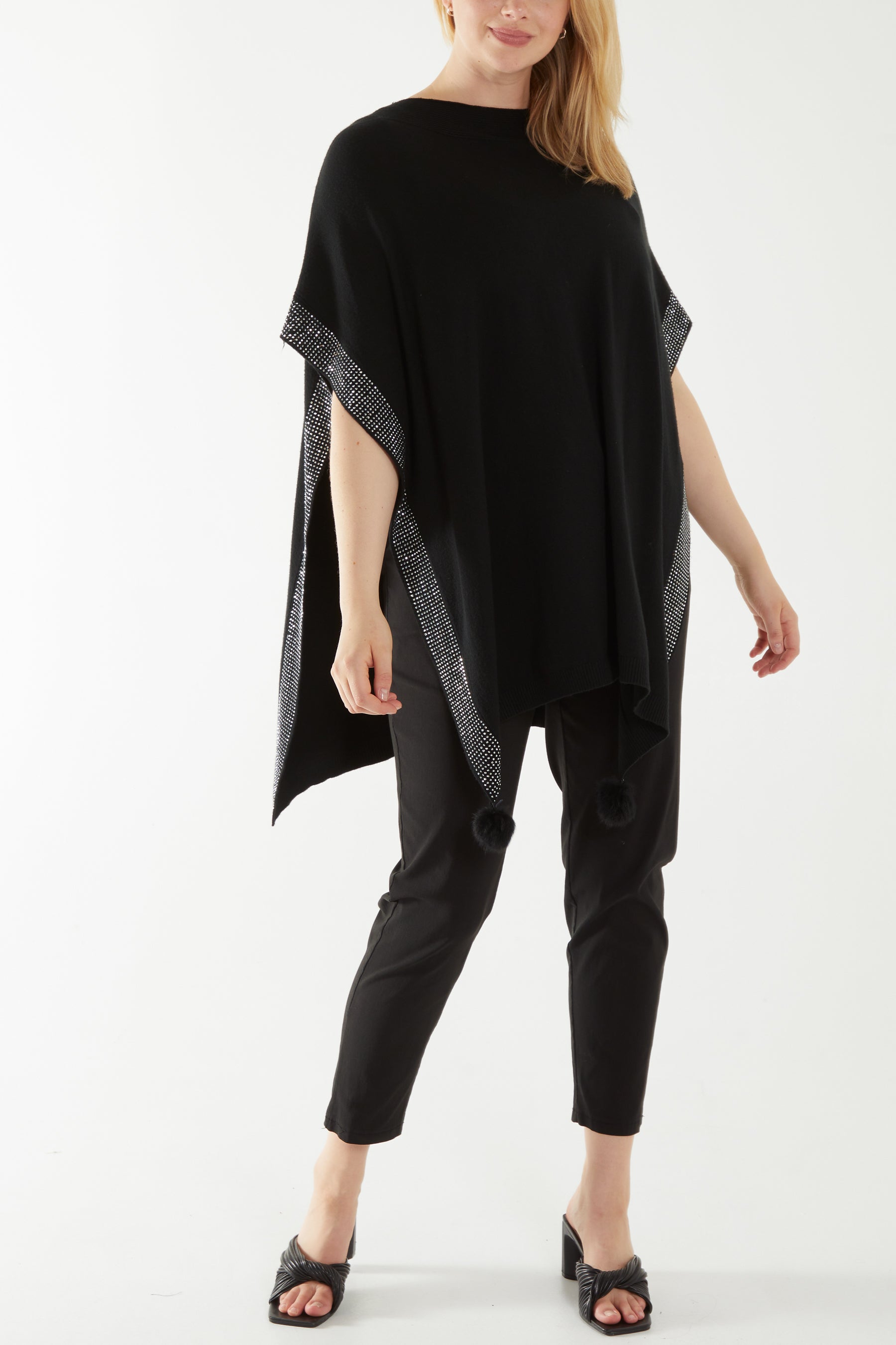 Diamante Detail Pom Pom Tassel Poncho