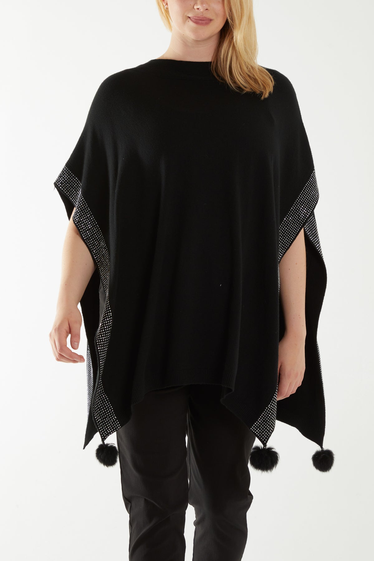 Diamante Detail Pom Pom Tassel Poncho