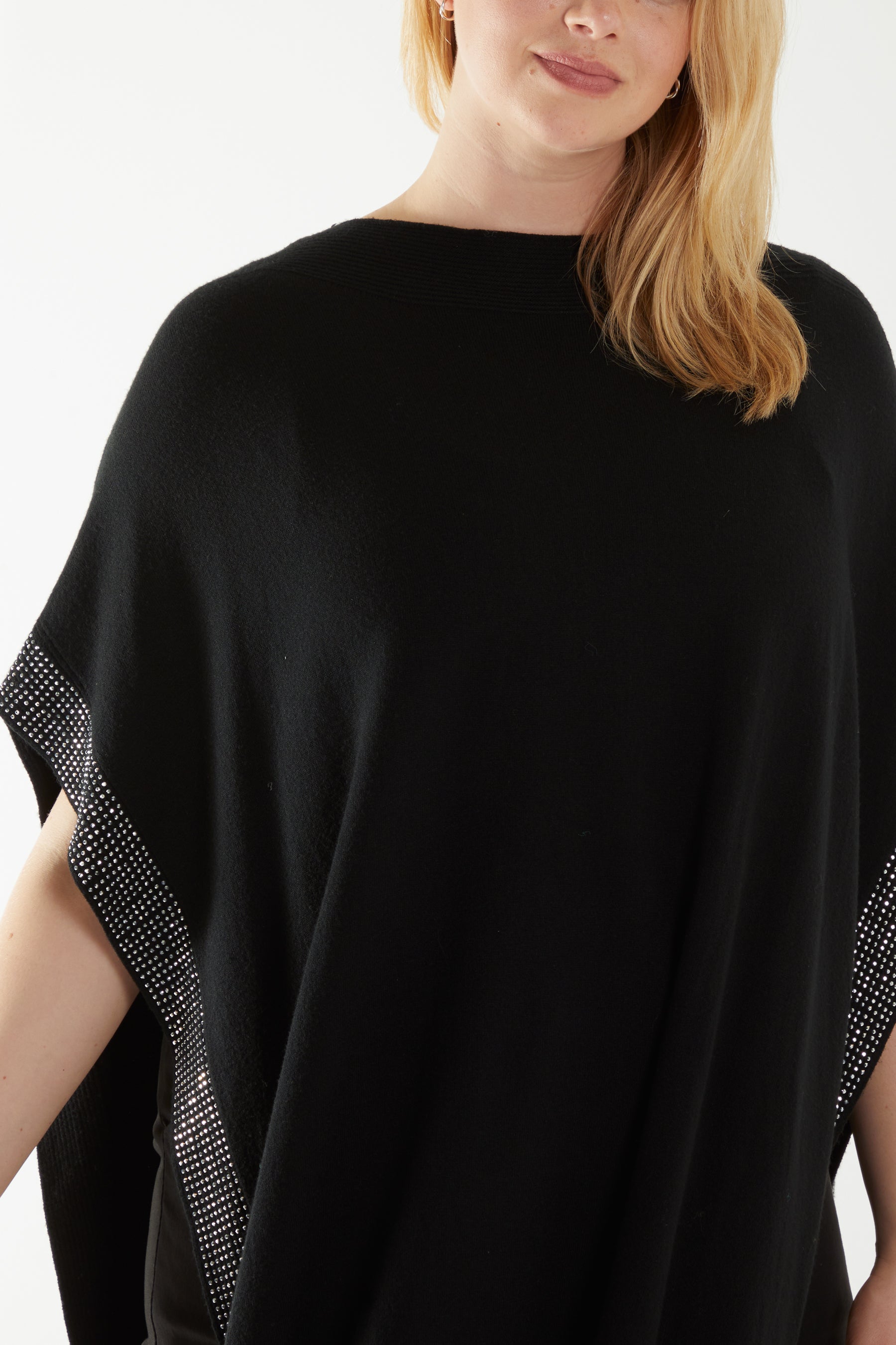 Diamante Detail Pom Pom Tassel Poncho