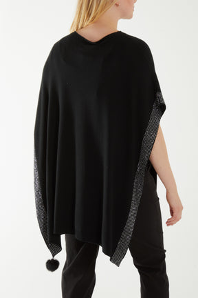 Diamante Detail Pom Pom Tassel Poncho