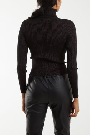 Cropped Roll Neck Glitter Knitted Top