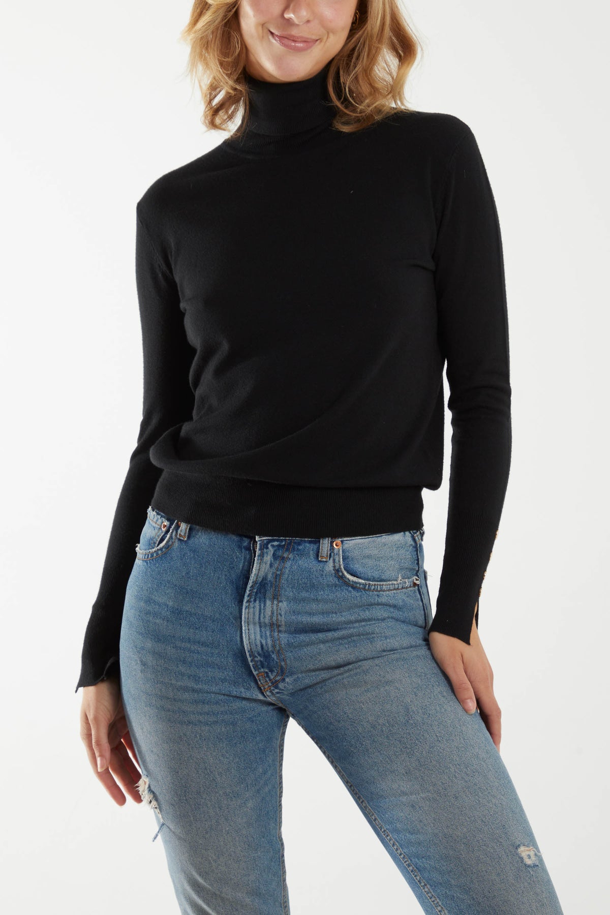 Button Sleeve Roll Neck Jumper