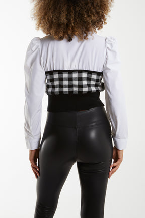 Gingham Knitted Corset Puff Sleeve Shirt