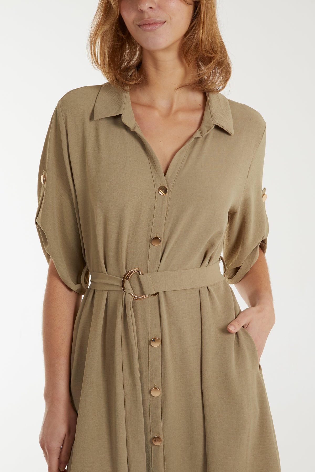 Roll Sleeve Belted Shirt Dress