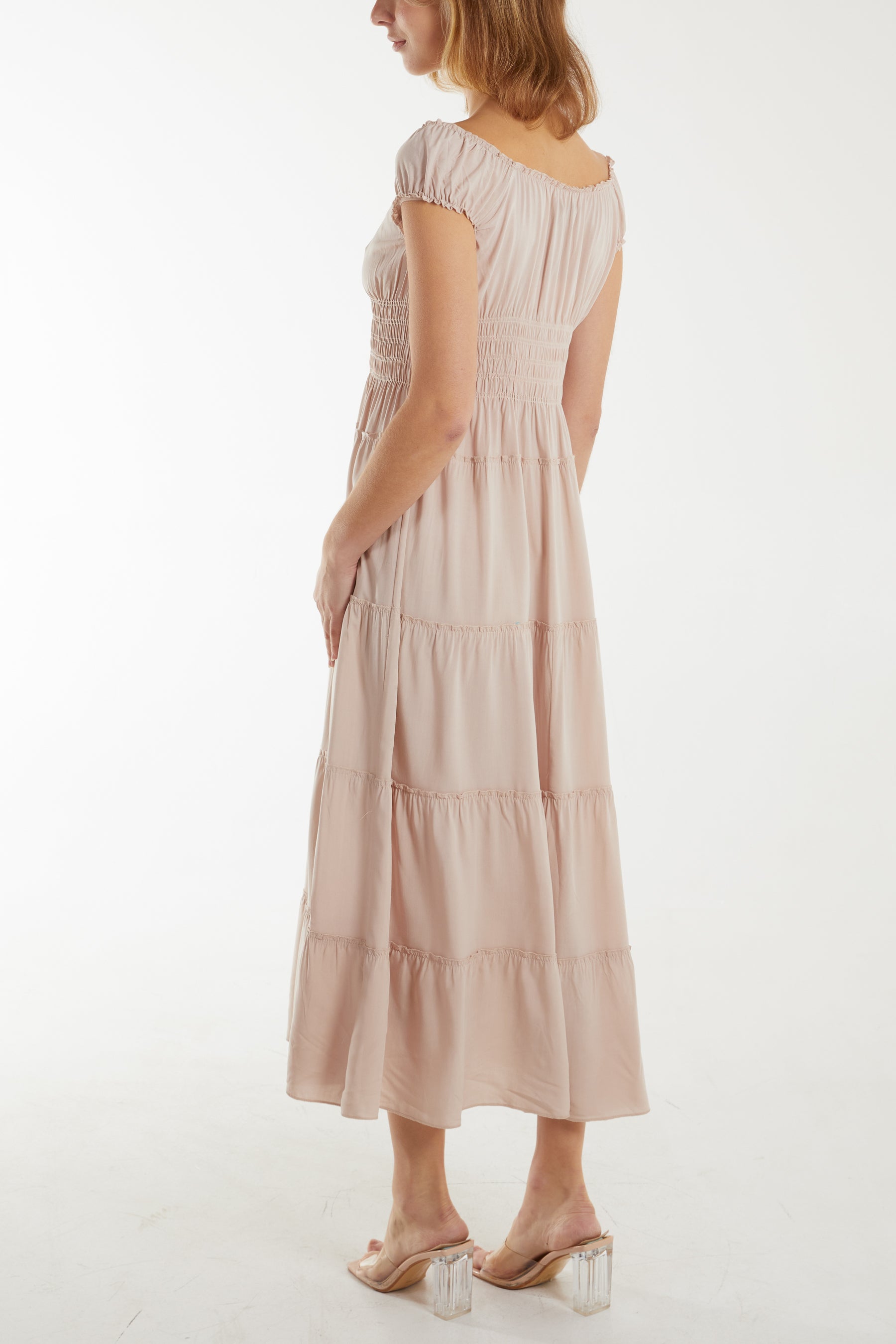 Scoop Neck Shirred Button Maxi Dress