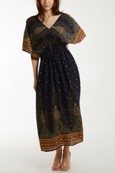 Peacock Print Angel Sleeve Maxi Dress