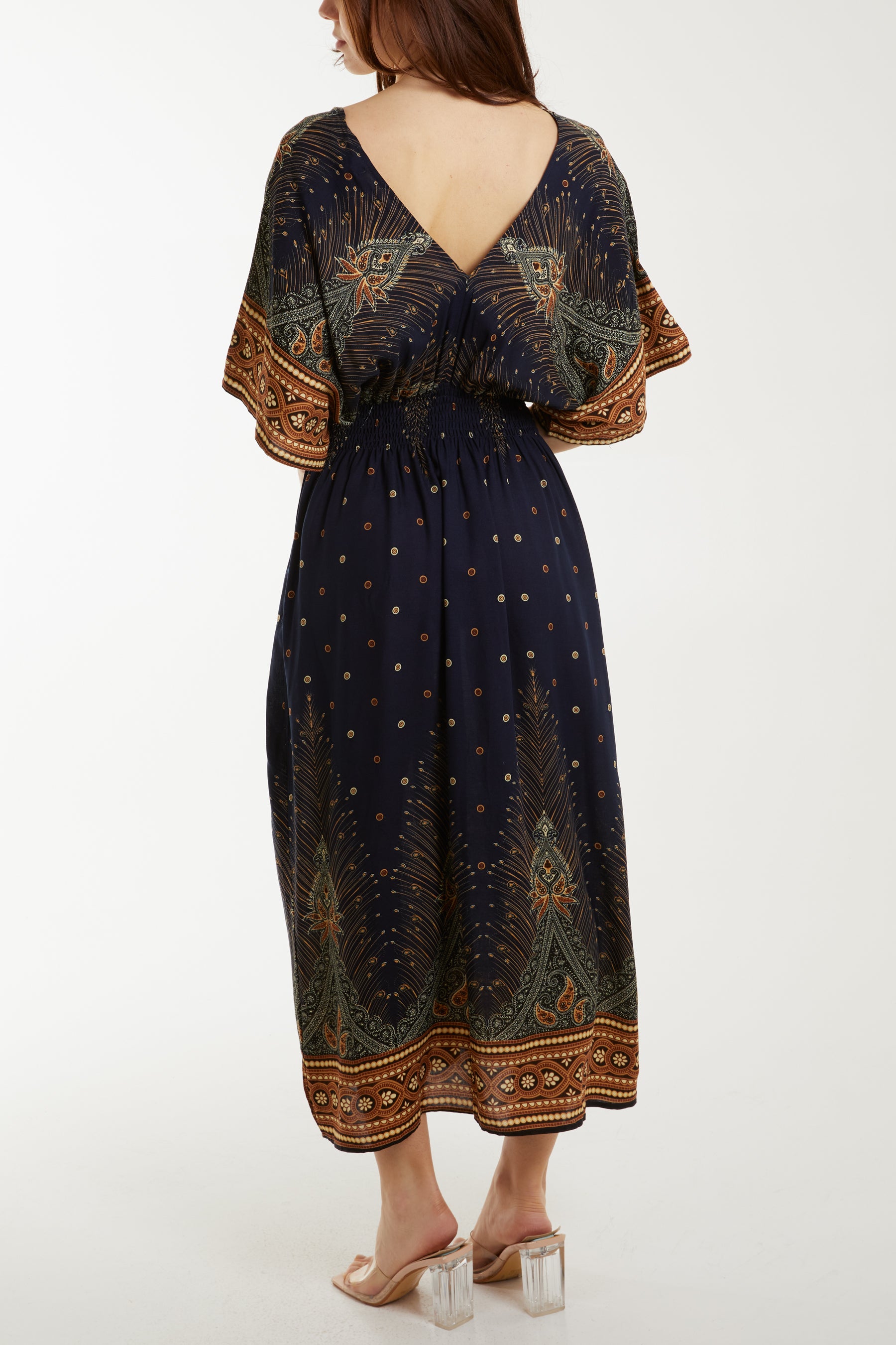 Peacock Print Angel Sleeve Maxi Dress