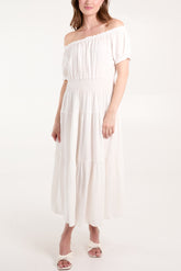 Shirred Bardot Tiered Maxi Dress