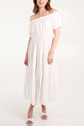 Shirred Bardot Tiered Maxi Dress