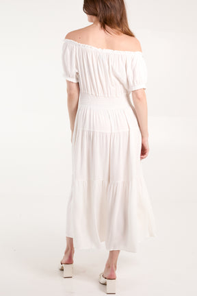 Shirred Bardot Tiered Maxi Dress