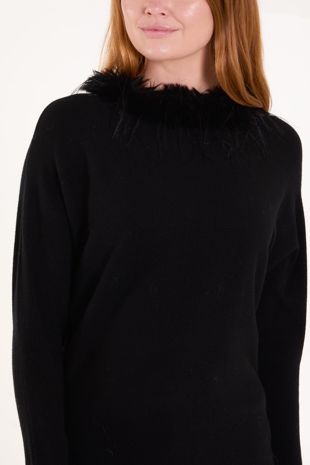 Fur Collared Fine Rib Knti Jumper