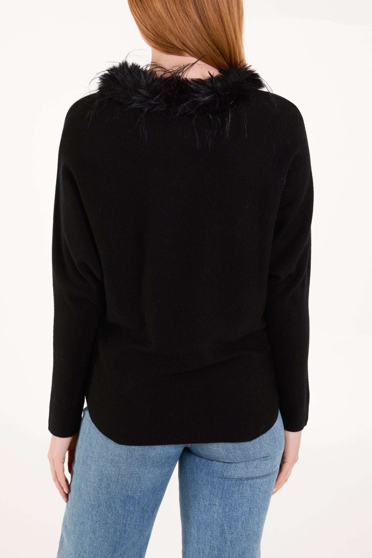 Fur Collared Fine Rib Knti Jumper