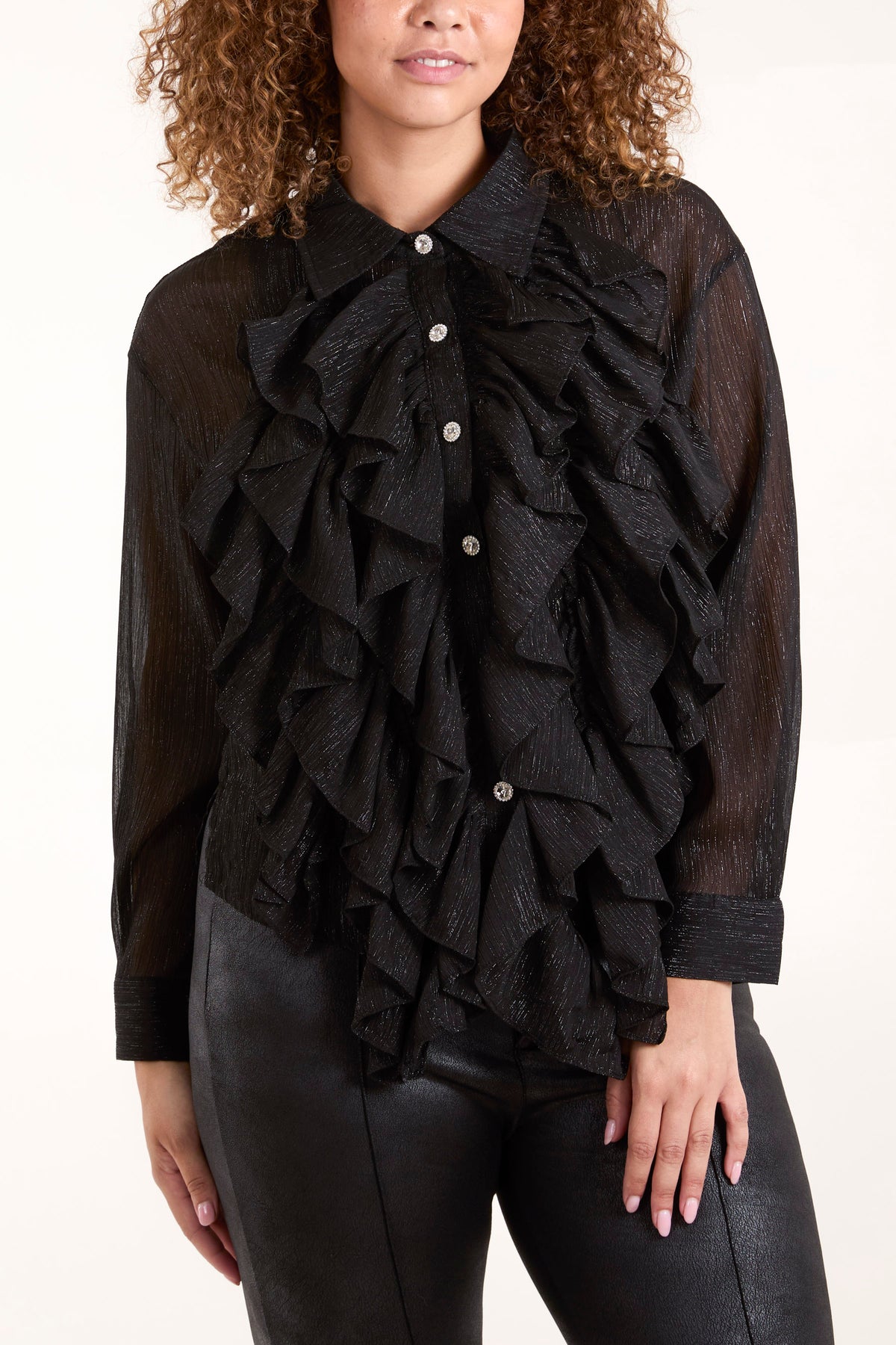 Ruffle Front Diamante Button Blouse