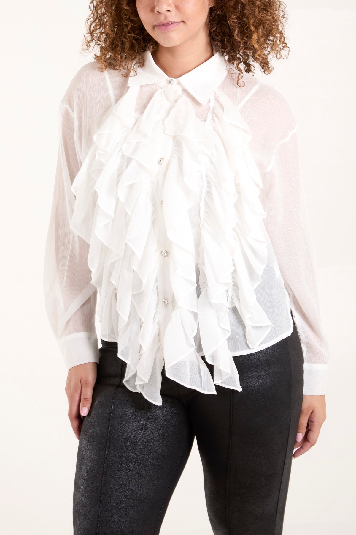 Ruffle Front Diamante Button Blouse