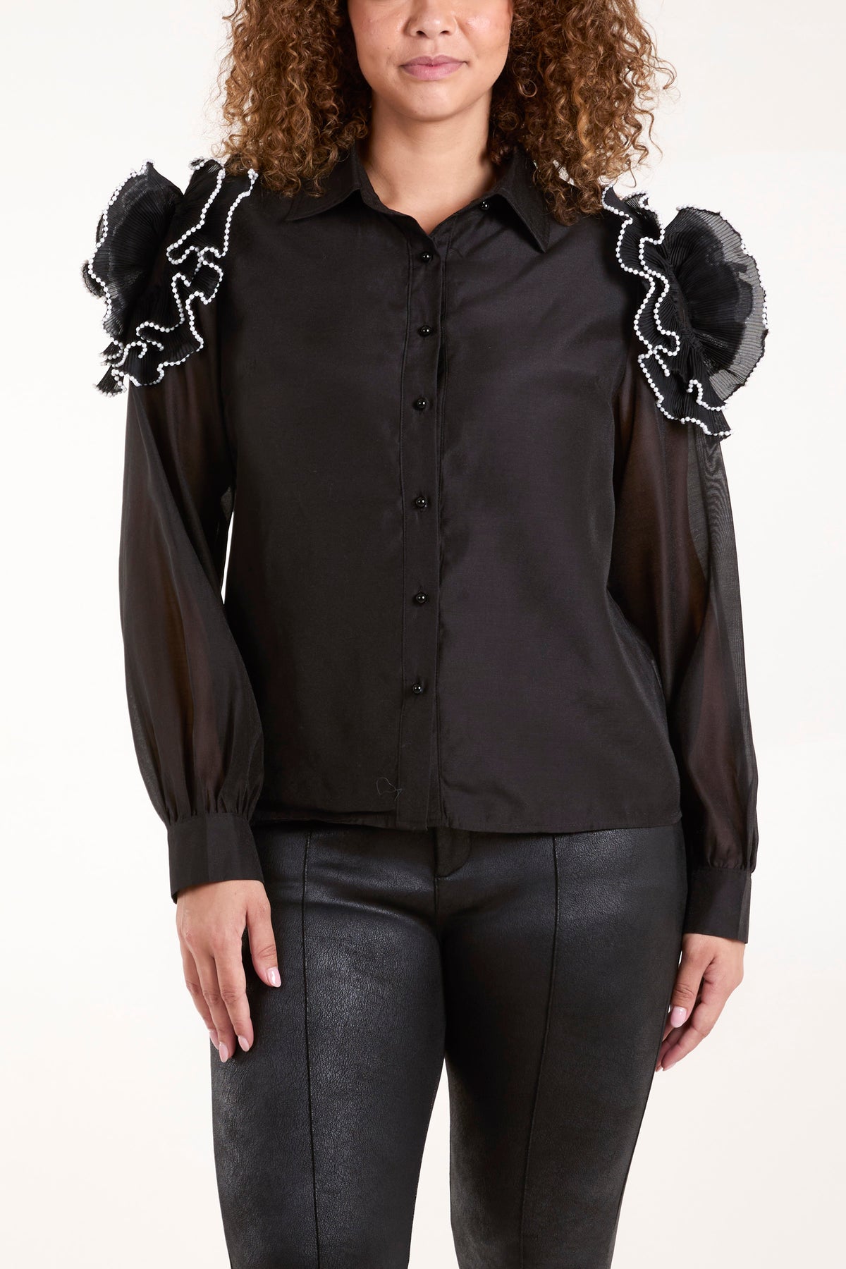 Flower Ruffle Pearl Sleeve Shirt