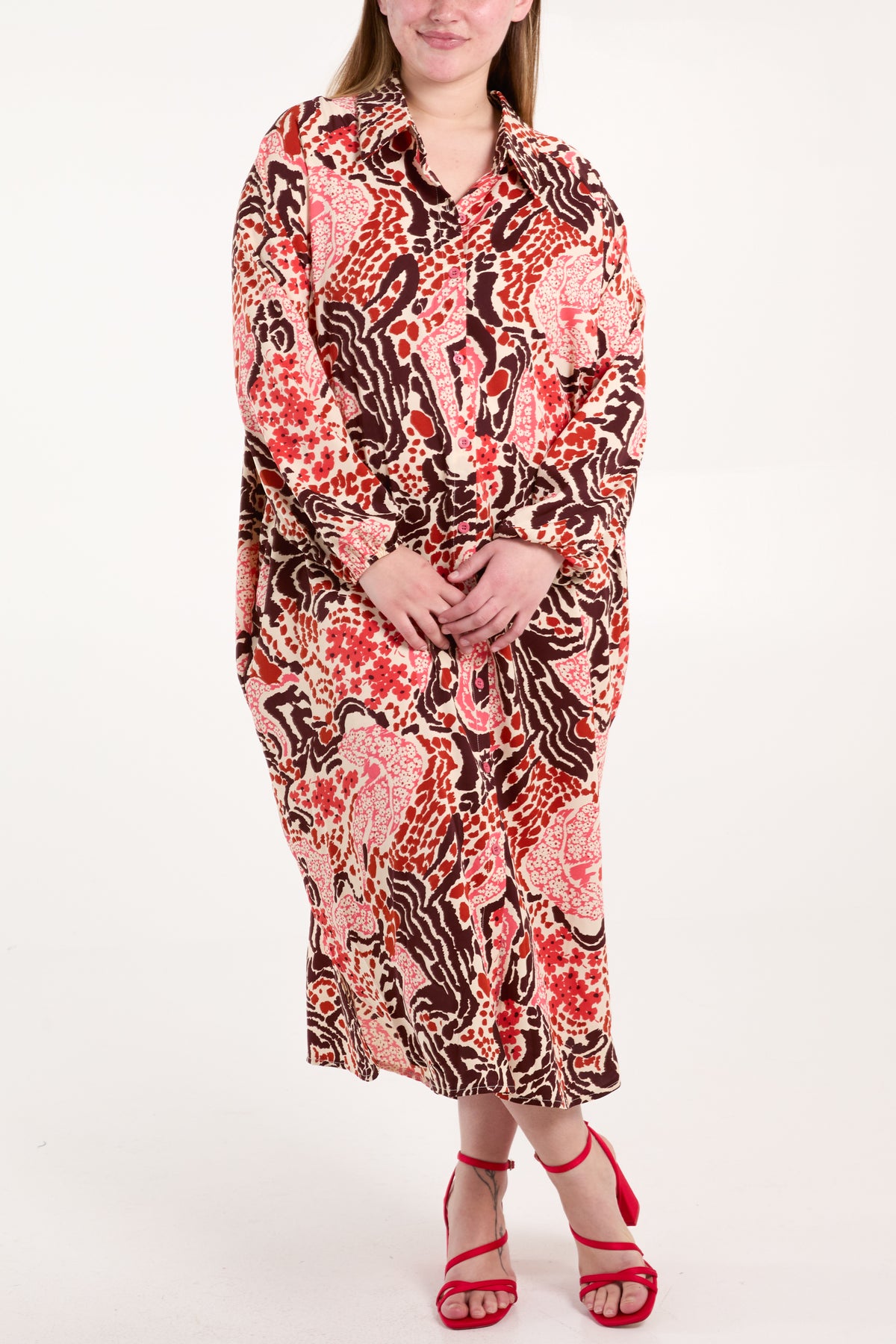 Abstract Floral Print Button Oversized Dress