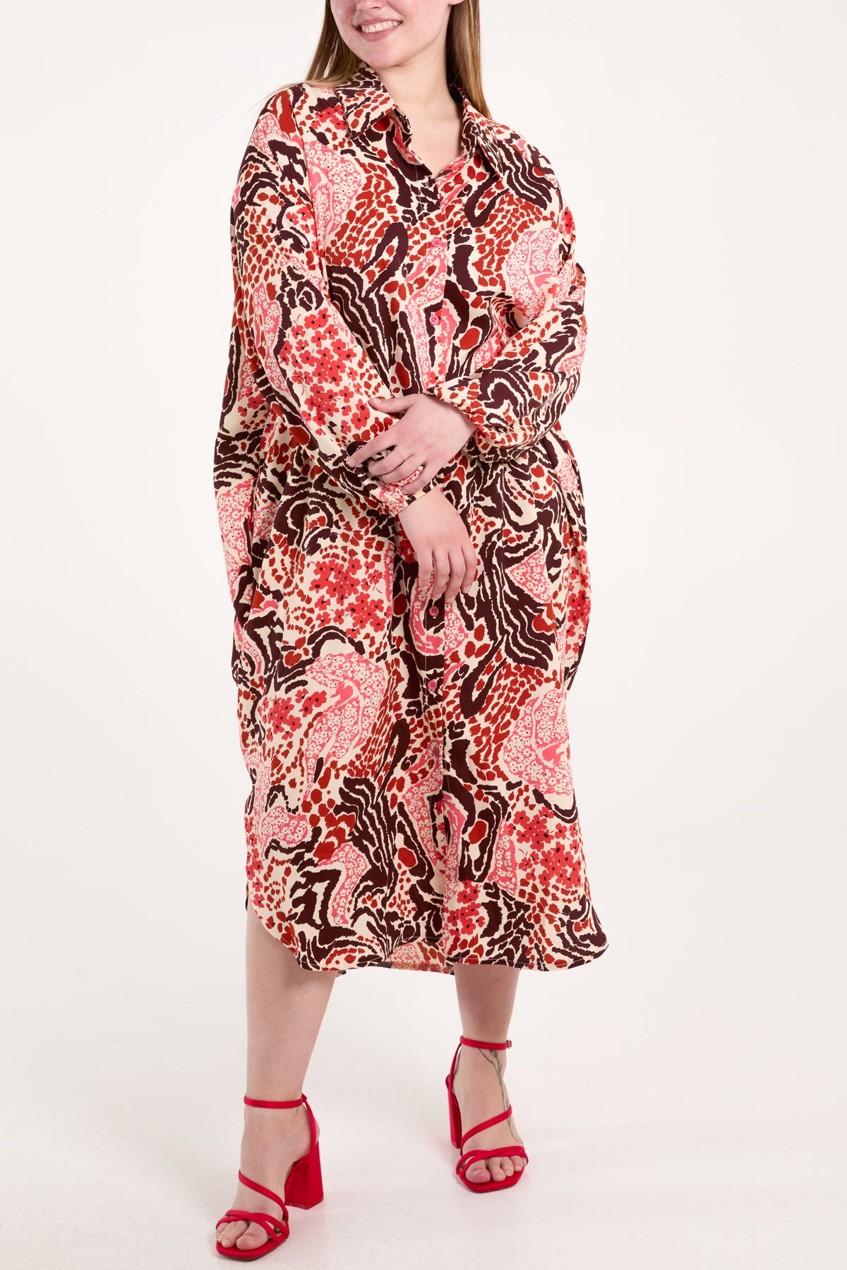Abstract Floral Print Button Oversized Dress