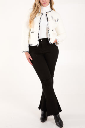 Jewel Button Contrast Rope Trim Cardigan