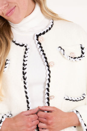 Jewel Button Contrast Rope Trim Cardigan