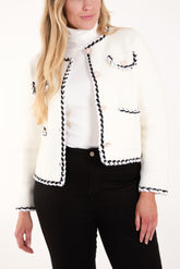 Jewel Button Contrast Rope Trim Cardigan