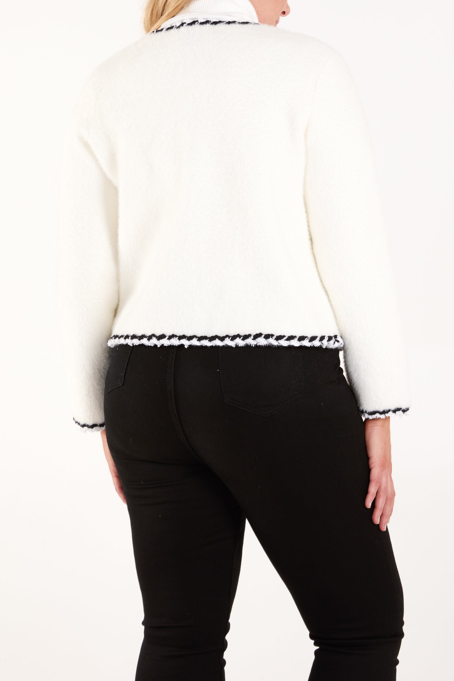 Jewel Button Contrast Rope Trim Cardigan