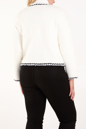 Jewel Button Contrast Rope Trim Cardigan