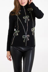 Diamante Bow High Neck Jumper