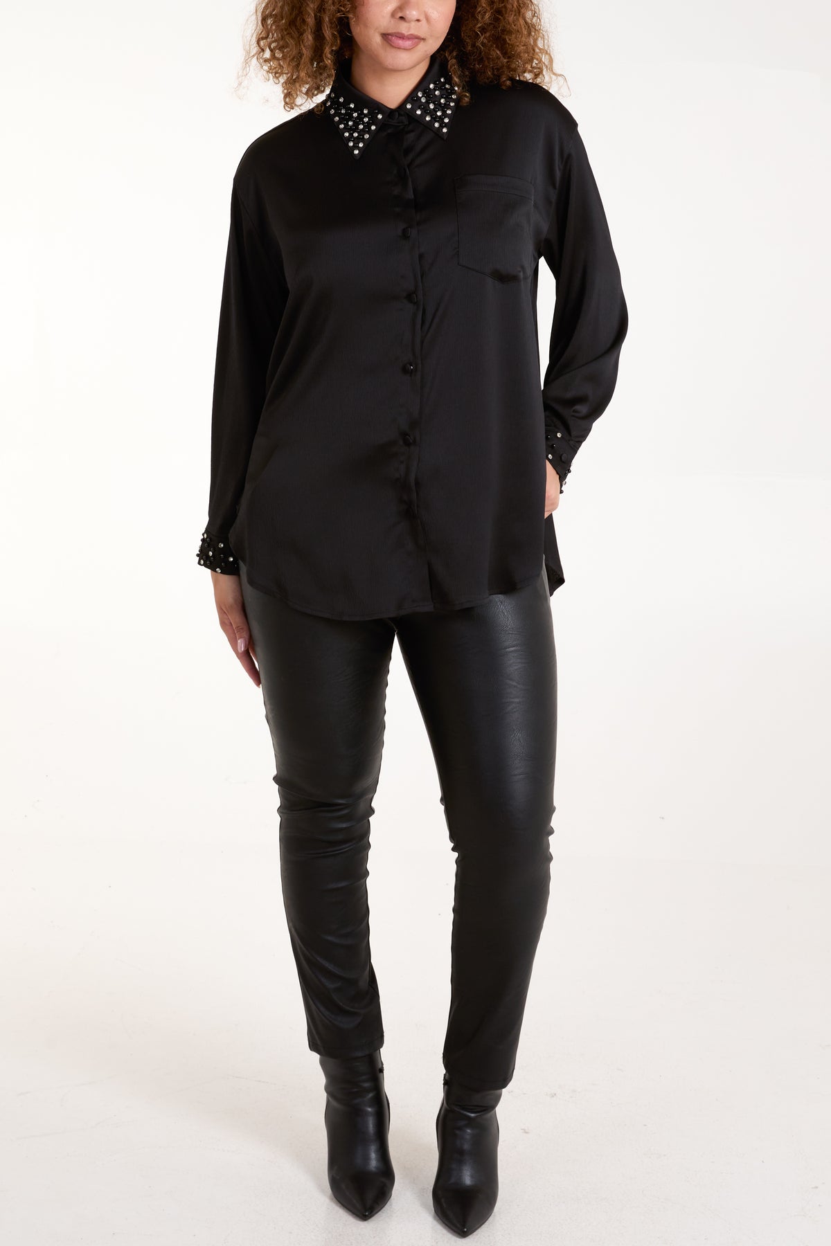 Diamante Embellished Collar & Cuff Satin Shirt