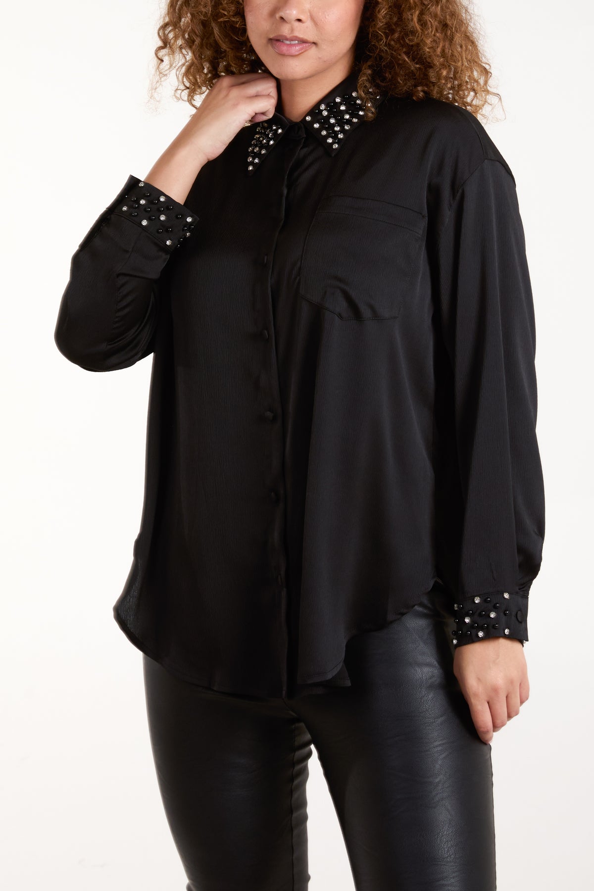 Diamante Embellished Collar & Cuff Satin Shirt