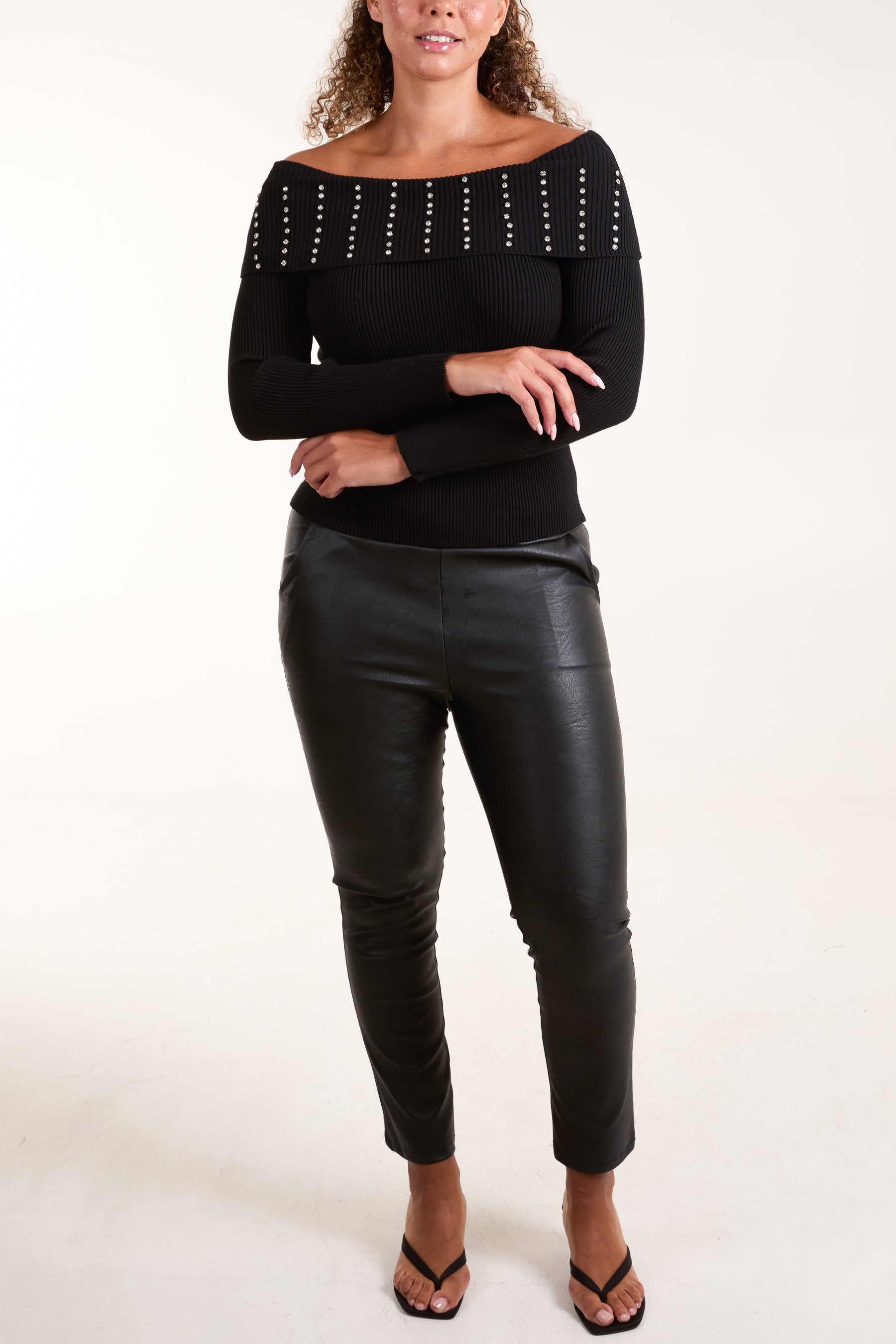 Diamante Bardot Ribbed Jumper