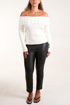 Diamante Bardot Ribbed Jumper