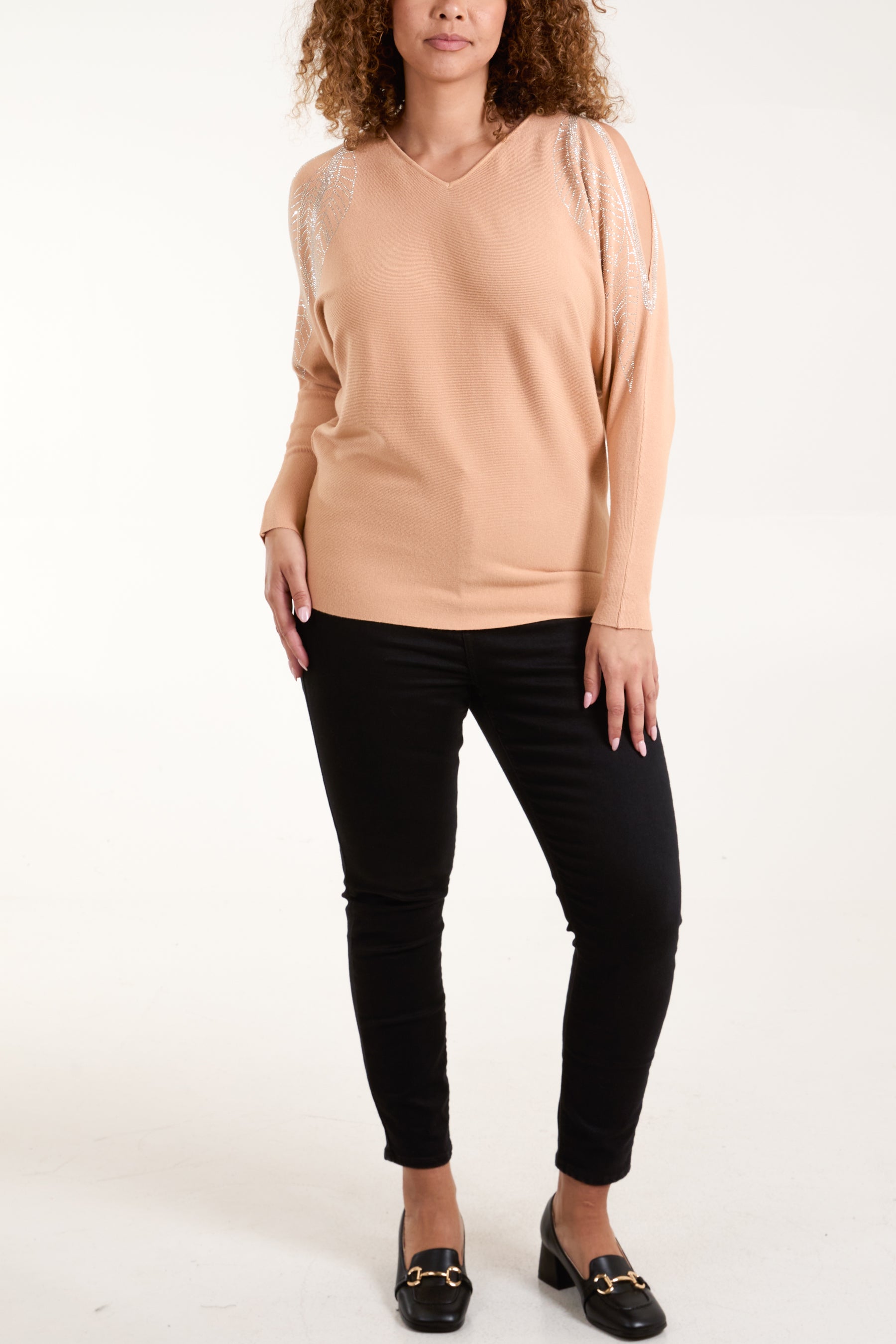 Diamante Leaf Cut-Out Shoulder Jumper