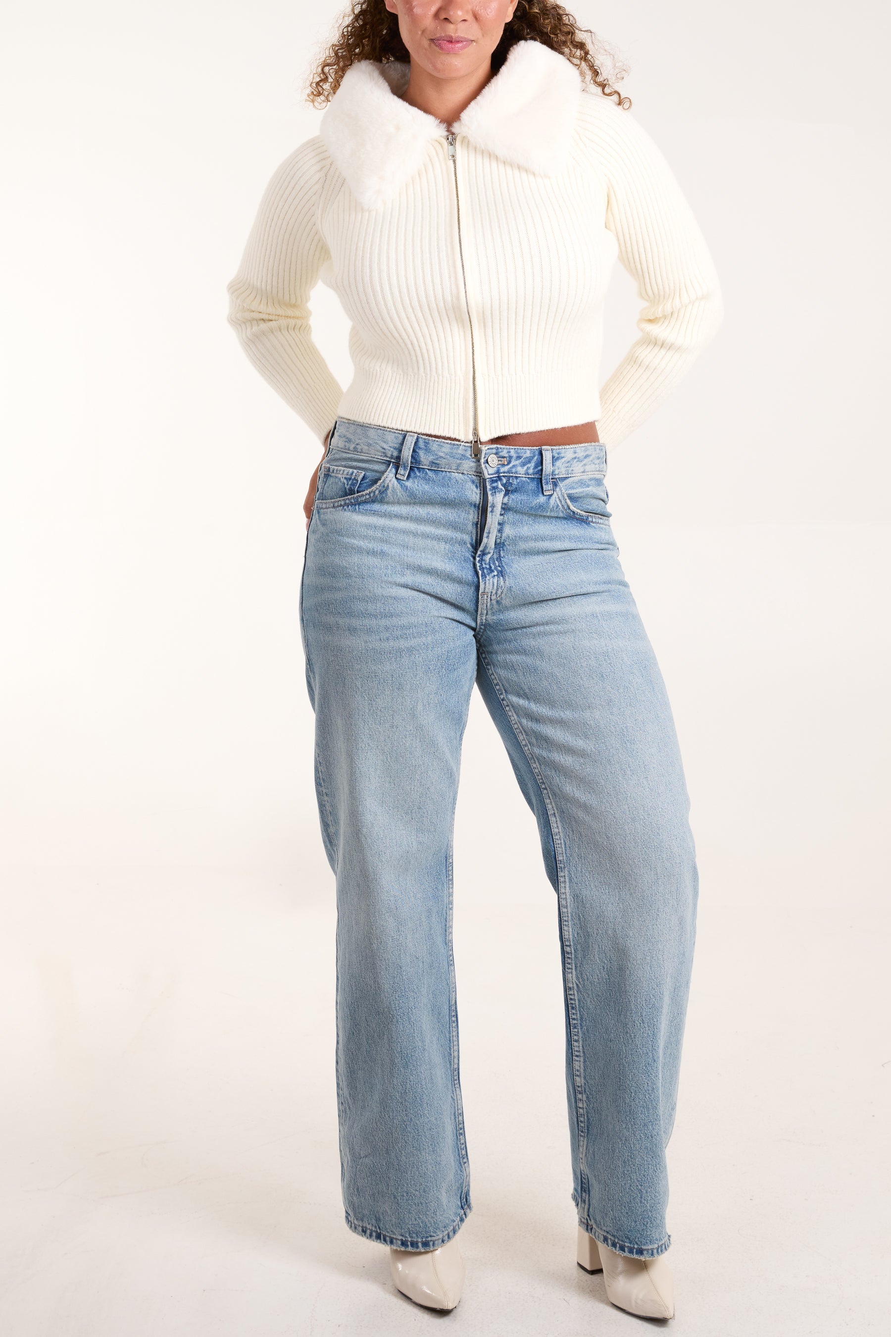Fur Collar Zip Through Ribbed Cardigan