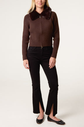 Fur Collar Zip Through Ribbed Cardigan
