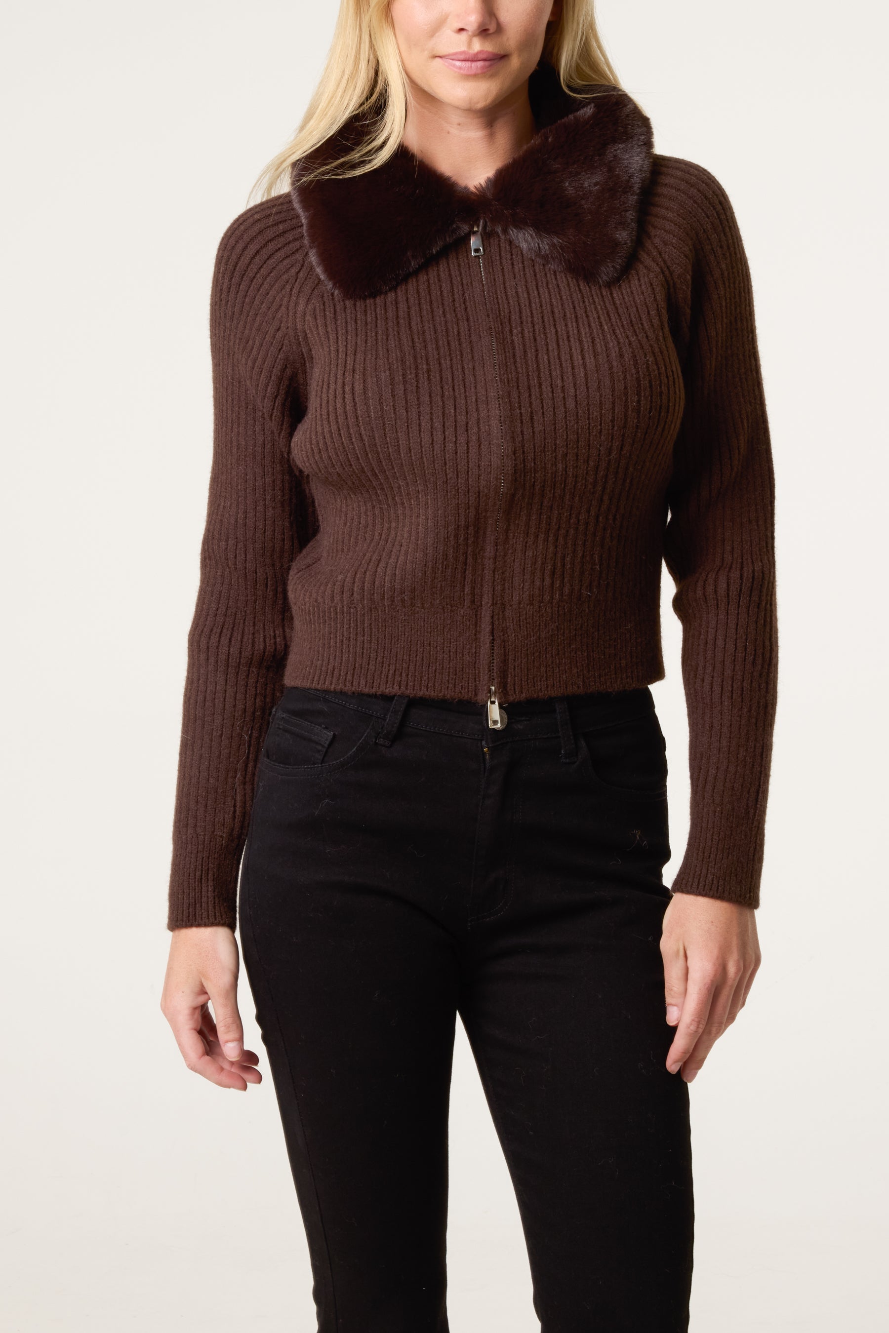 Fur Collar Zip Through Ribbed Cardigan